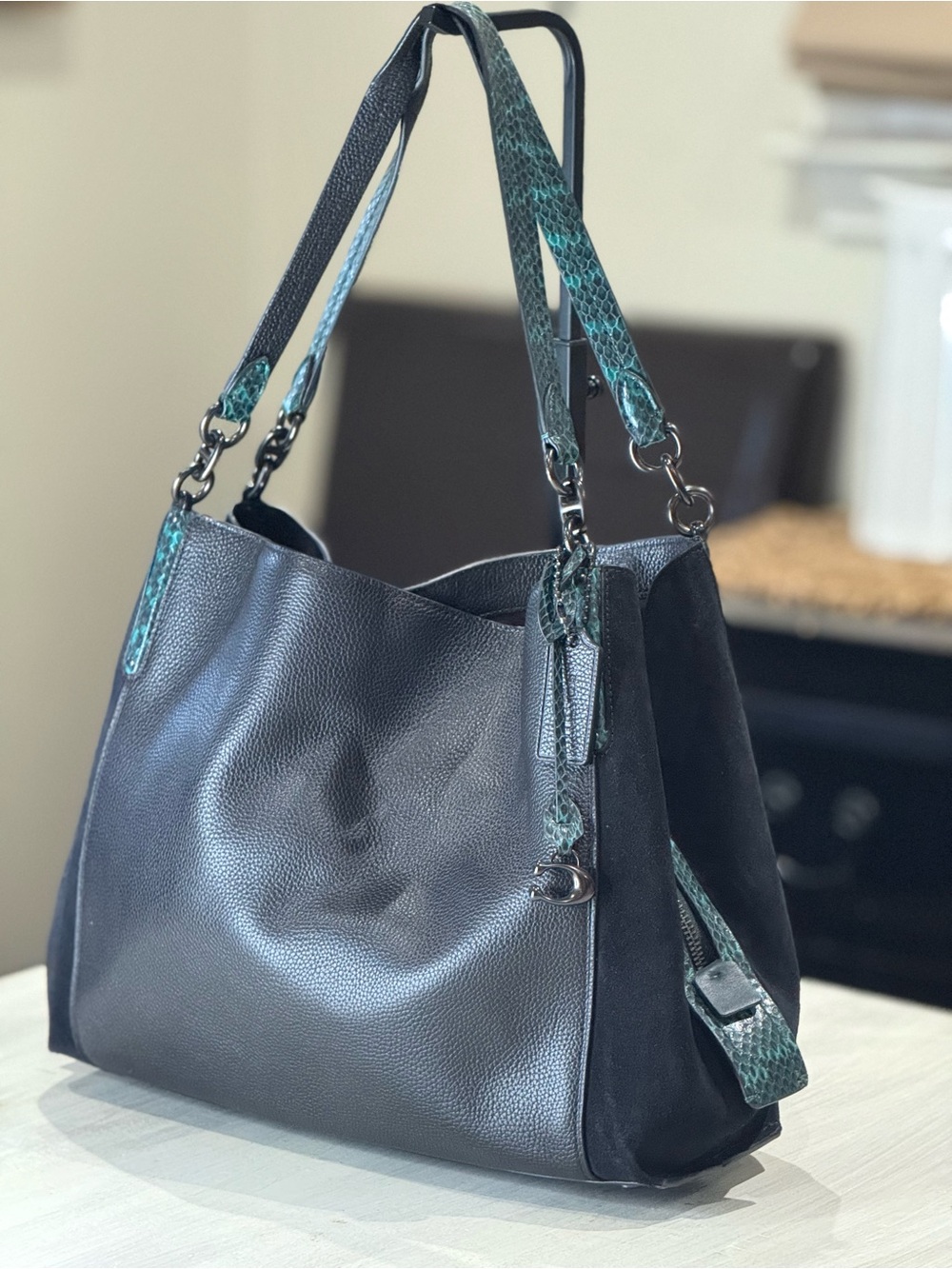 Coach Dalton 31 Black Shoulder Bag with Teal Snake-Print Strap and Suede